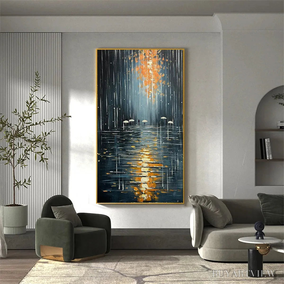 BUYARTVIEW Rainy Day Reflections – Vertical Painting of a Rainy City Street, Minimalist Figures, Modern , Blue and Gold - image 4