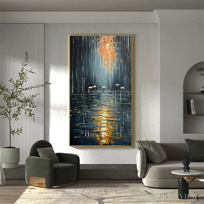 BUYARTVIEW Rainy Day Reflections – Vertical Painting of a Rainy City Street, Minimalist Figures, Modern , Blue and Gold - image 4