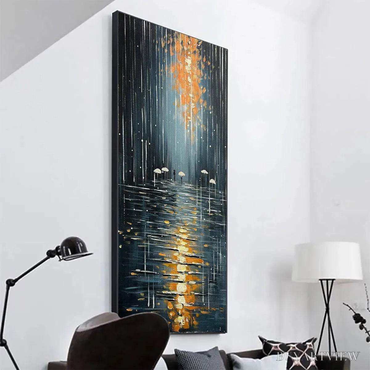 BUYARTVIEW Rainy Day Reflections – Vertical Painting of a Rainy City Street, Minimalist Figures, Modern , Blue and Gold - image 5
