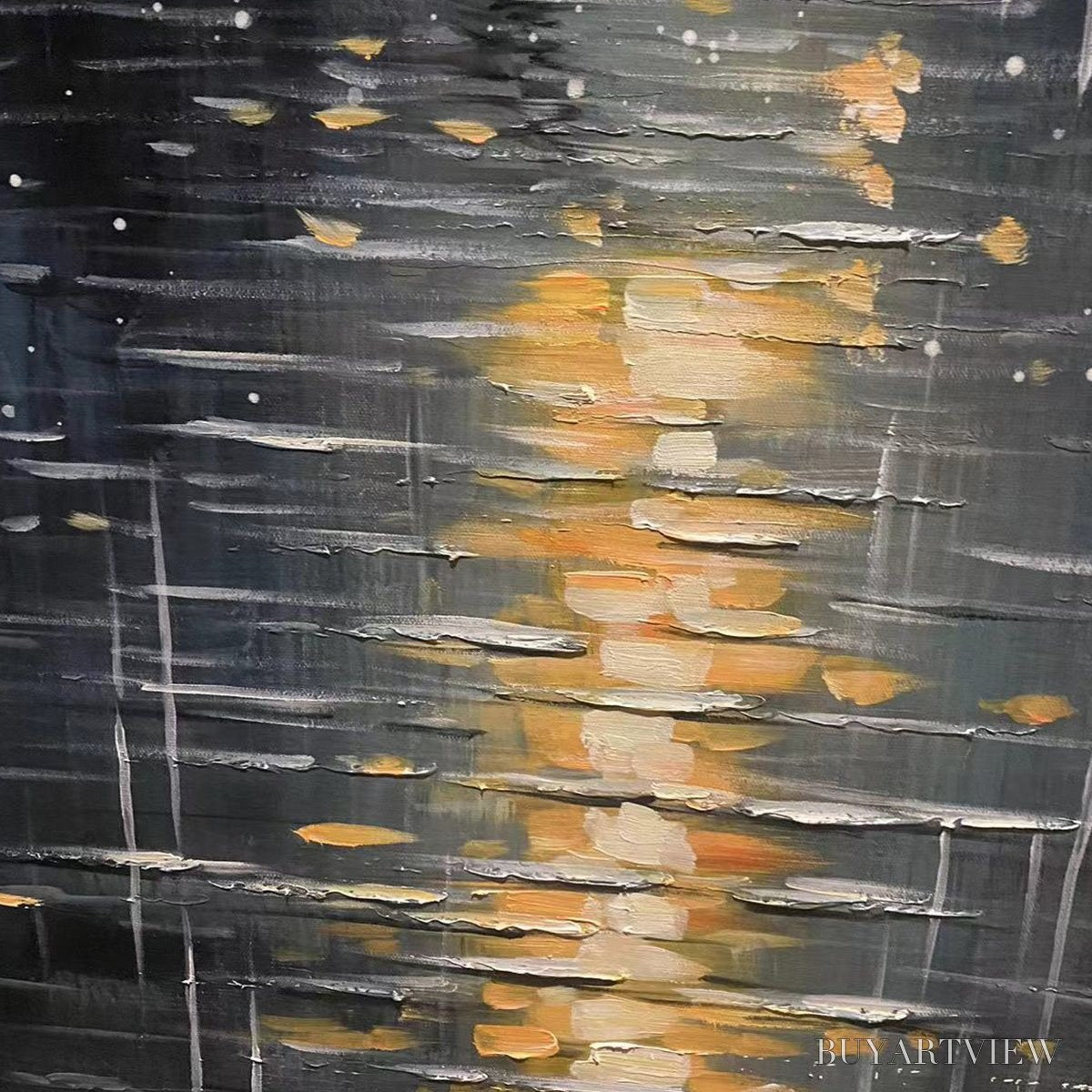 BUYARTVIEW Rainy Day Reflections – Vertical Painting of a Rainy City Street, Minimalist Figures, Modern , Blue and Gold - image 6