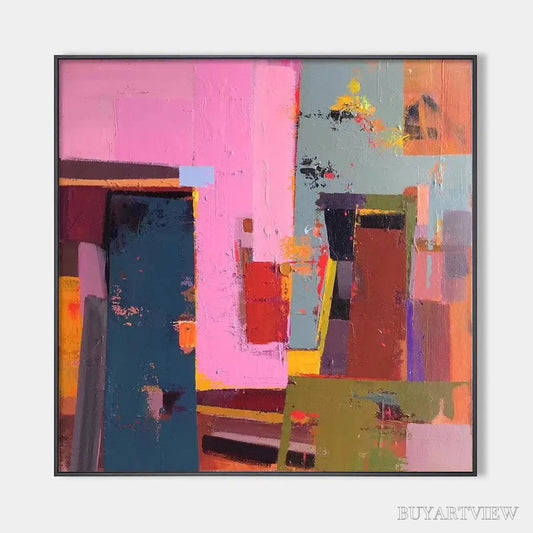 BUYARTVIEW Pink and Green Urban Abstract – Colorful Abstract City Painting, Square - image 1