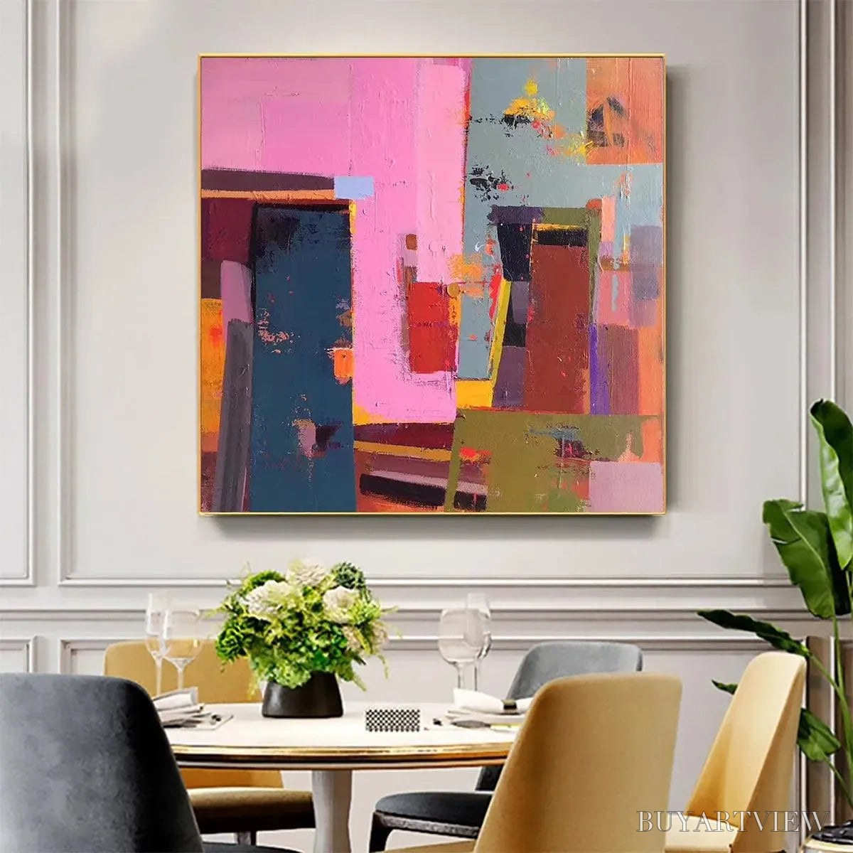 BUYARTVIEW Pink and Green Urban Abstract – Colorful Abstract City Painting, Square - image 2