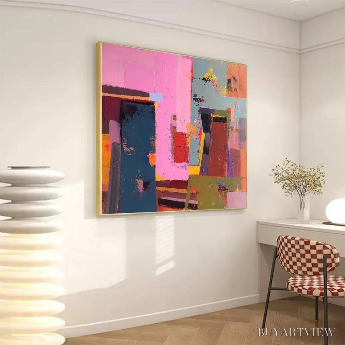 BUYARTVIEW Pink and Green Urban Abstract – Colorful Abstract City Painting, Square - image 3