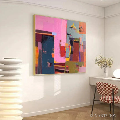 BUYARTVIEW Pink and Green Urban Abstract – Colorful Abstract City Painting, Square - image 3