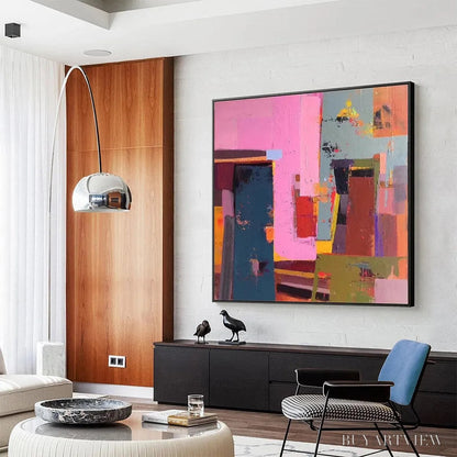 BUYARTVIEW Pink and Green Urban Abstract – Colorful Abstract City Painting, Square - image 5