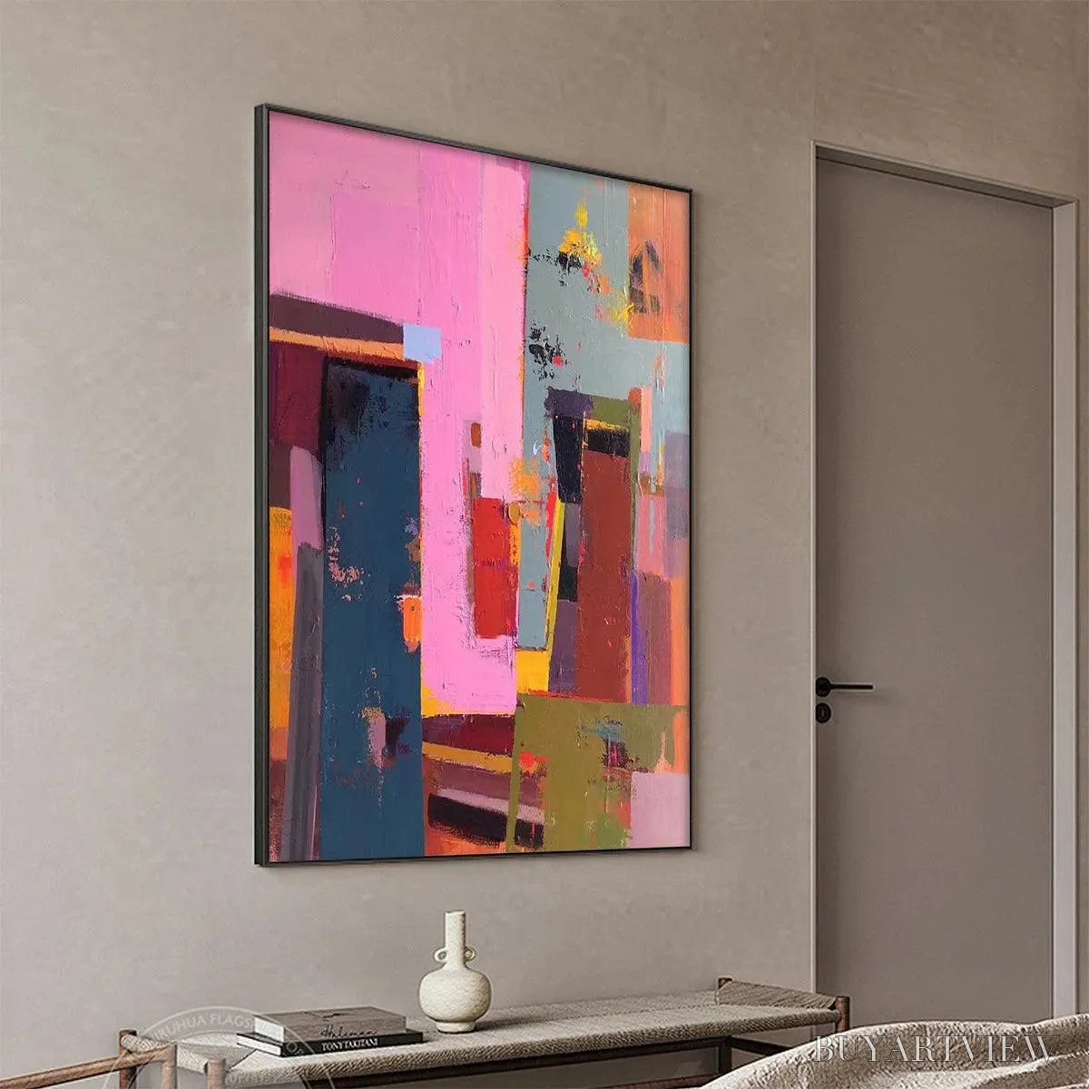 BUYARTVIEW Pink City Abstract – Colorful Abstract City Painting, Vertical - image 6