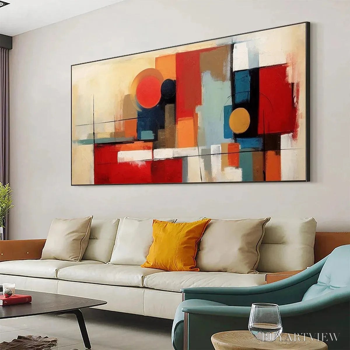 BUYARTVIEW Urban Geometry – Minimalist Abstract Painting in Red and Gold - image 4