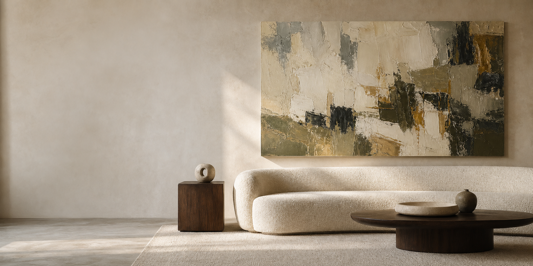 Refined contemporary living room with textured original art